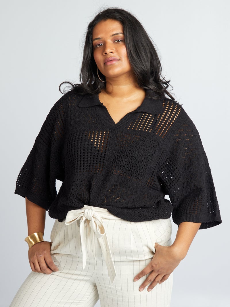 Polo en maille crochet noir - Kiabi