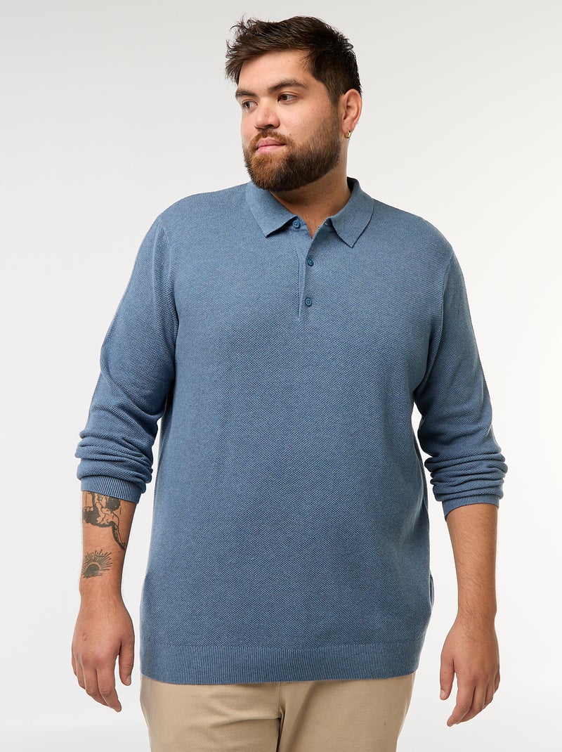 Polo en maille fantaisie à manches longues Bleu - Kiabi