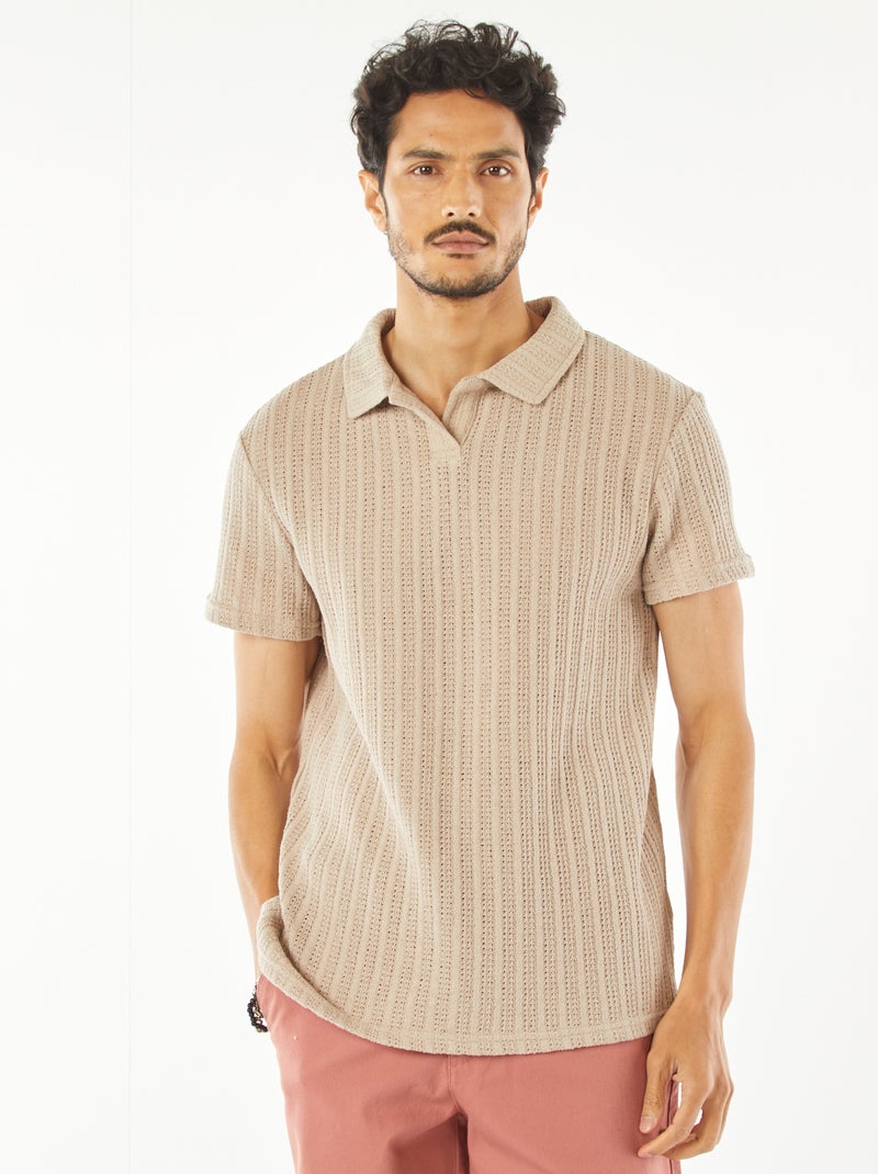 Polo en maille gaufrée à manches courtes beige - Kiabi
