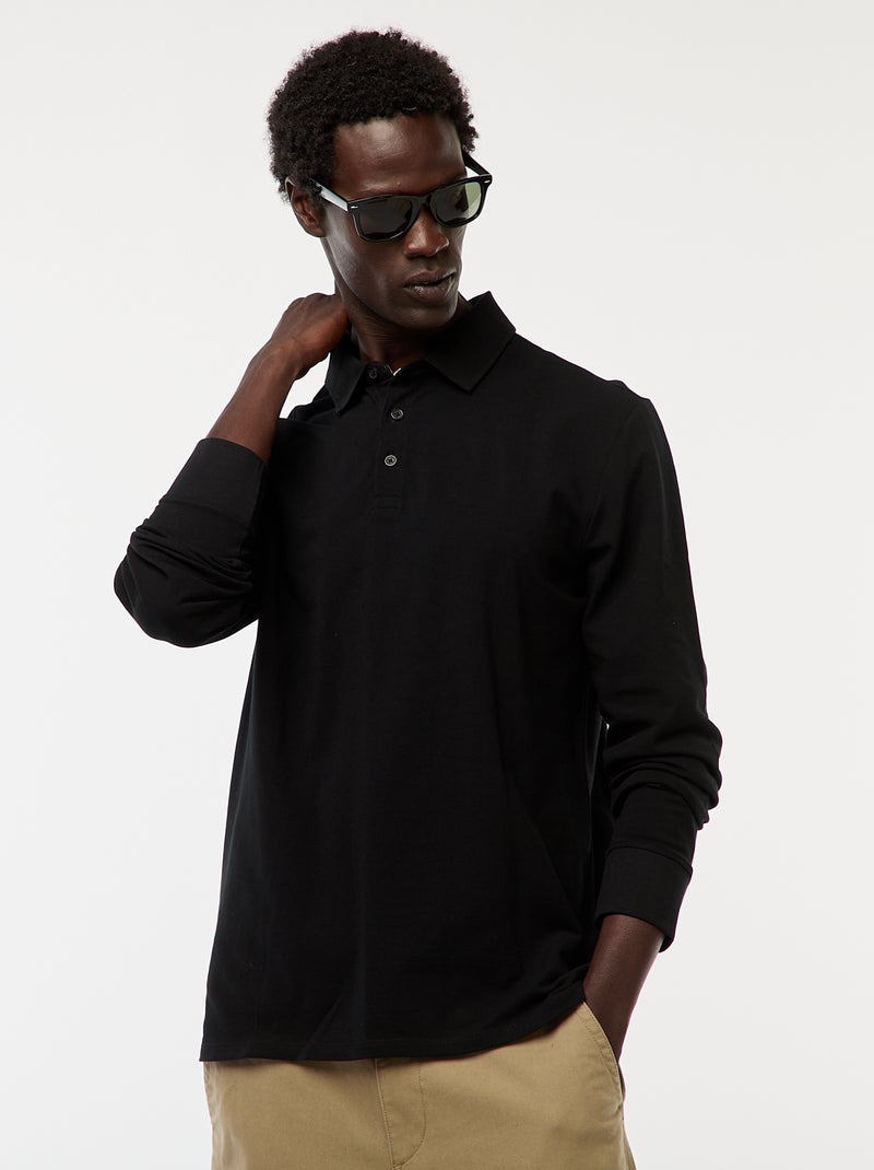 Polo en maille piquée à manches longues uni Noir - Kiabi