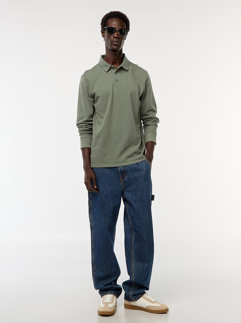 Polo en maille piquée à manches longues uni Vert - Kiabi