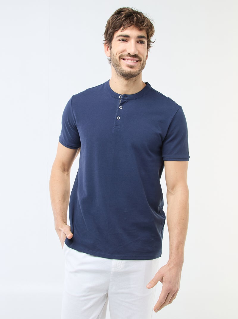 Polo en maille piquée homme à col tunisien uni Bleu marine - Kiabi