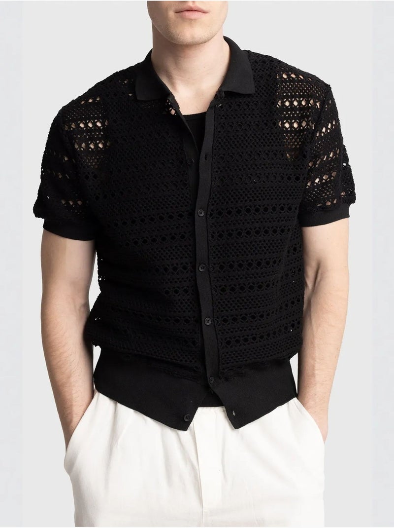Polo en maille texturée avec fermeture boutonnée giesto Noir - Kiabi
