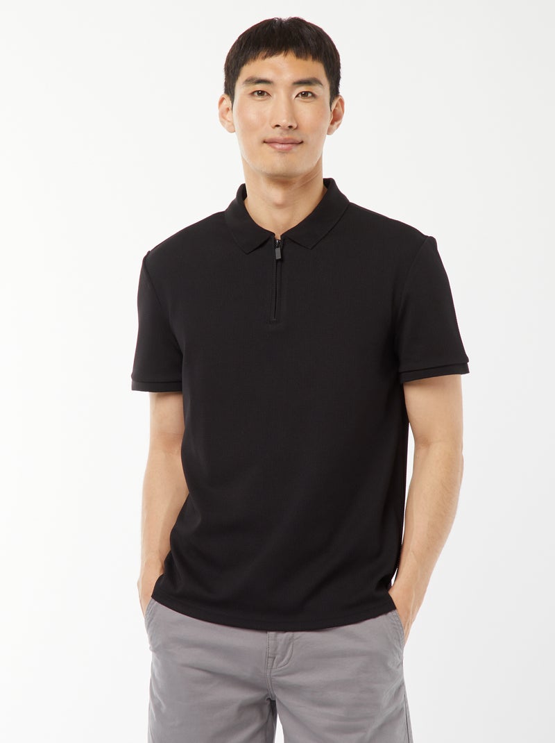 Polo en nid d'abeilles et col zippé noir - Kiabi