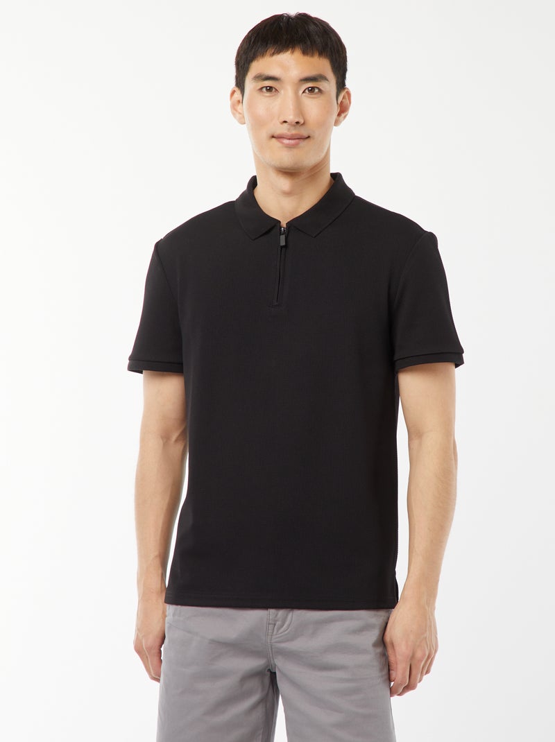 Polo en nid d'abeilles et col zippé Noir - Kiabi