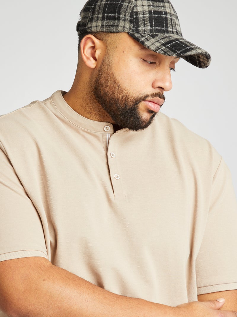 Polo en piqué de coton à col tunisien beige - Kiabi
