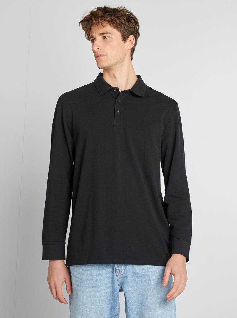 Polo en piqué de coton manches longues noir - Kiabi