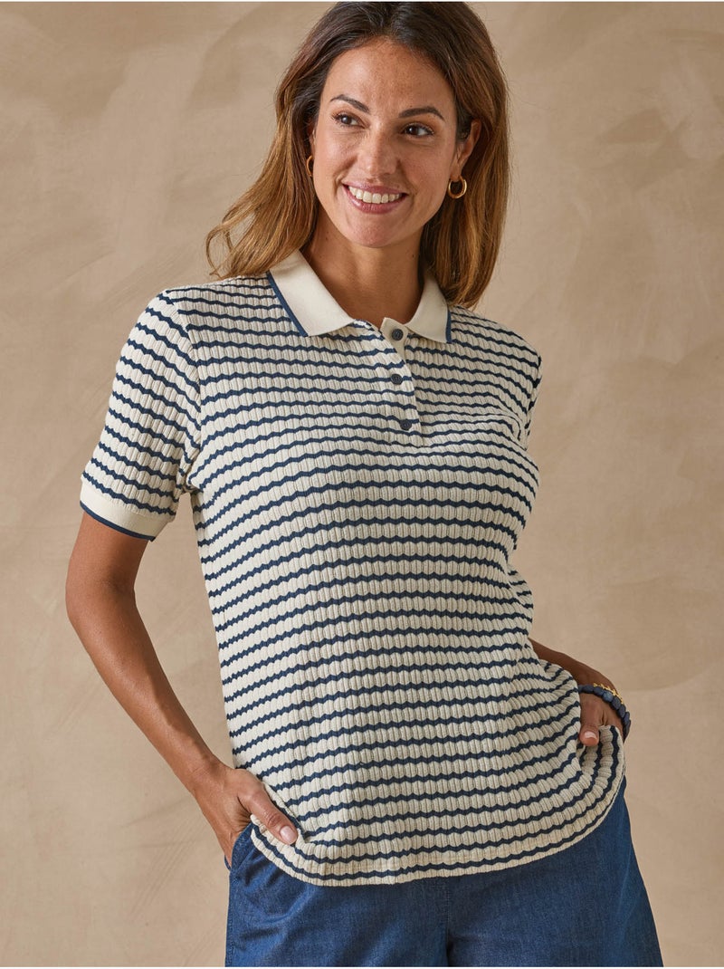 Polo femme maille fantaisie - DAXON Blanc Bleu - Kiabi