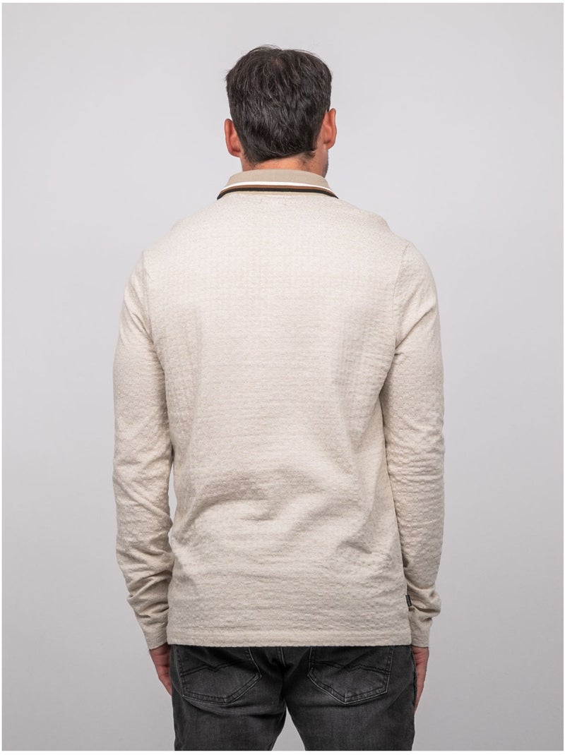 Polo jacquard col rayé manches longues pirataxo Beige - Kiabi