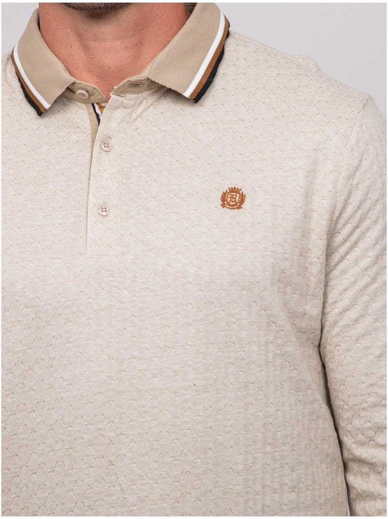 Polo jacquard col rayé manches longues pirataxo Beige - Kiabi