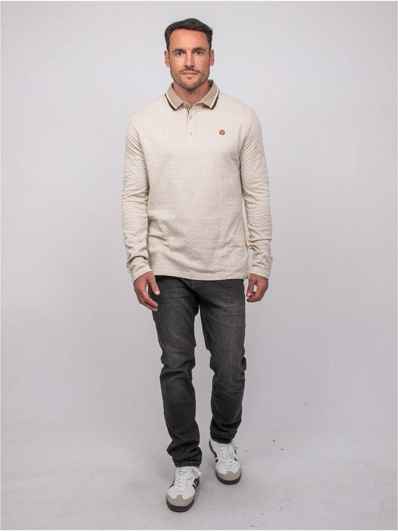 Polo jacquard col rayé manches longues pirataxo Beige - Kiabi
