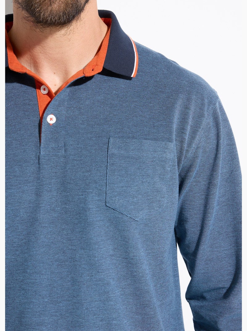 Polo maille piquée manches longues coton - Afibel Bleu - Kiabi