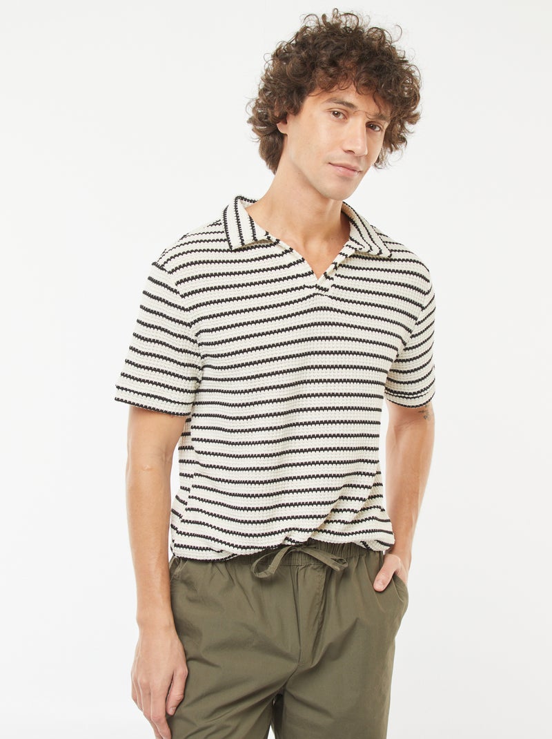 Polo manches courtes en maille fantaisie ajourée Noir - Kiabi