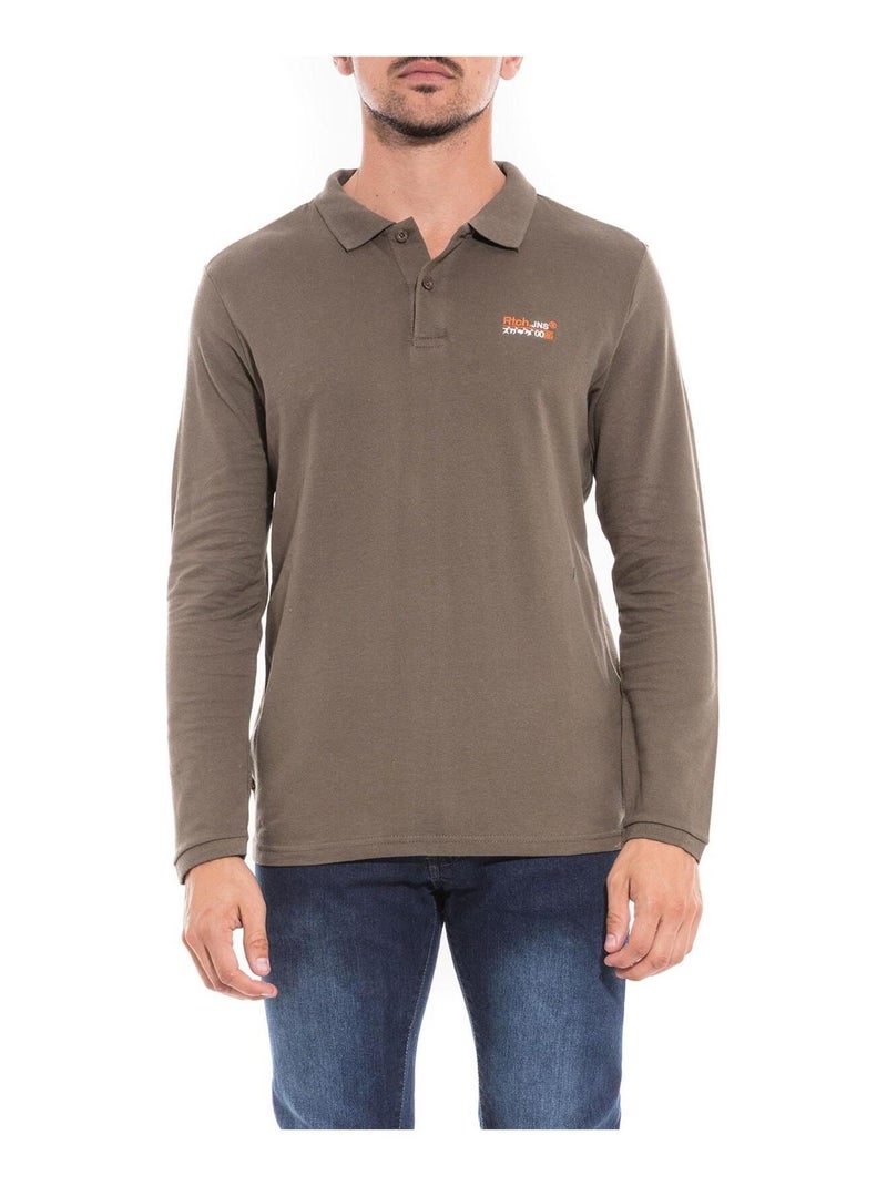 Polo manches longues en coton PODRICK Kaki - Kiabi