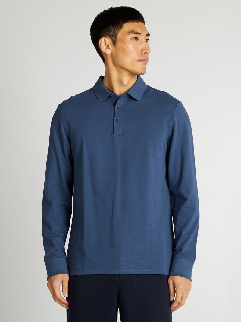 Polo manches longues en piqué de coton Bleu - Kiabi
