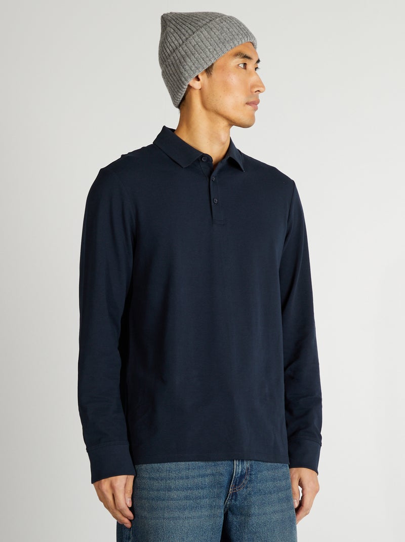 Polo manches longues en piqué de coton Marine - Kiabi