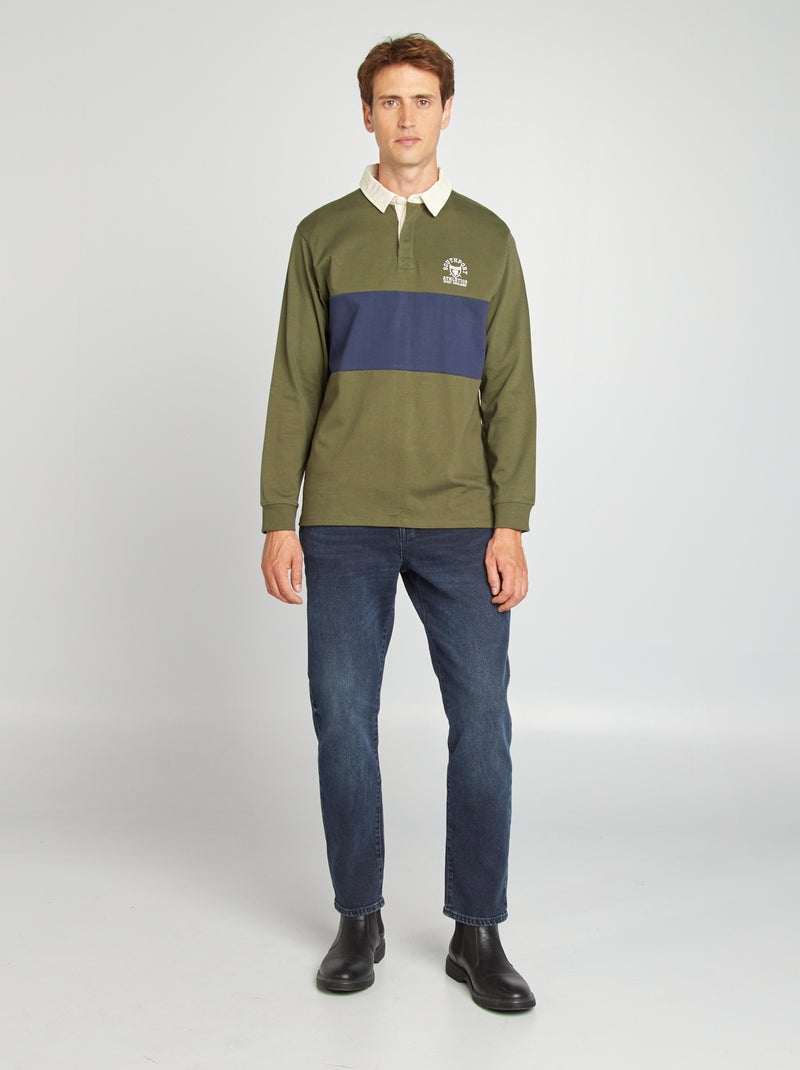 Polo manches longues esprit rugby Kaki/bleu - Kiabi