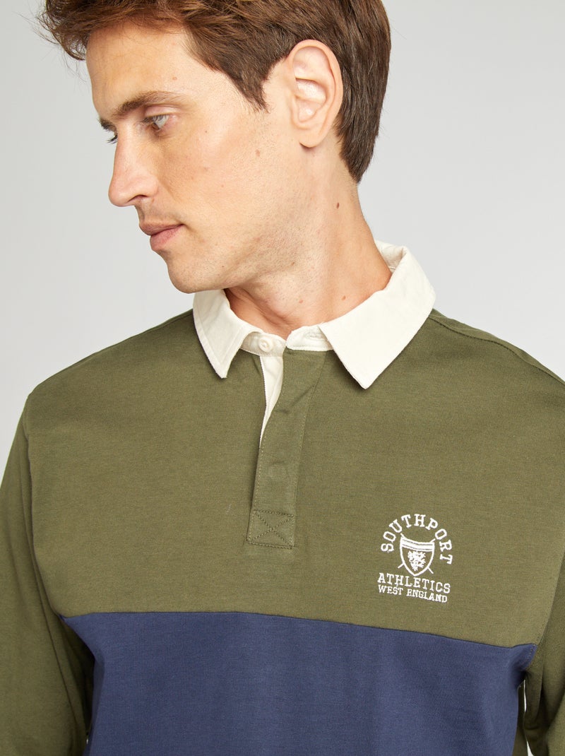 Polo manches longues esprit rugby Kaki/bleu - Kiabi