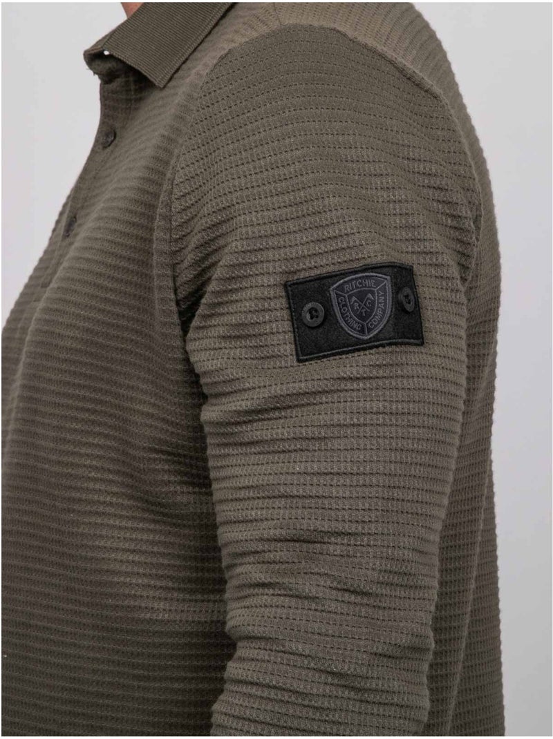 Polo manches longues maille gaufrée coton parlito Kaki - Kiabi