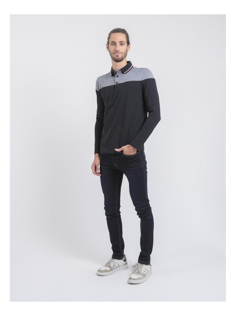 Polo manches longues pur coton POGAME Bleu marine - Kiabi