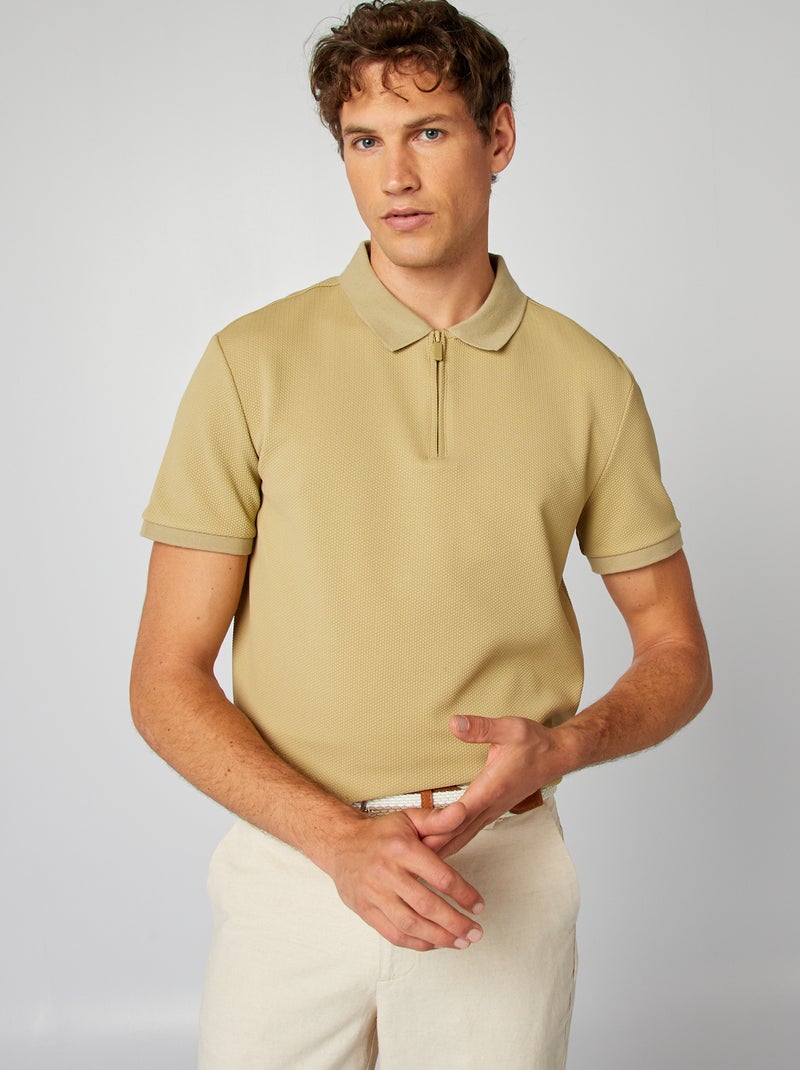 Polo nid d'abeille zippé Olive - Kiabi
