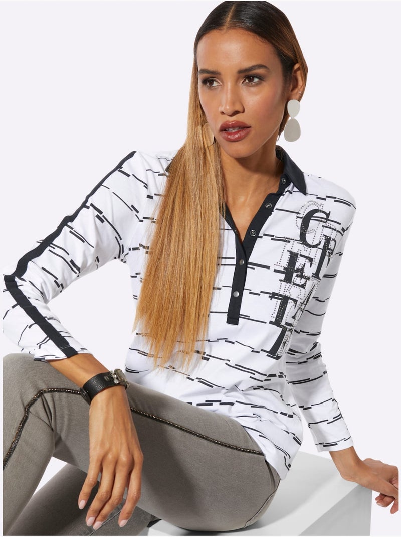 Polo pierres ornementales brillantes - taille standard - helline Blanc Noir - Kiabi