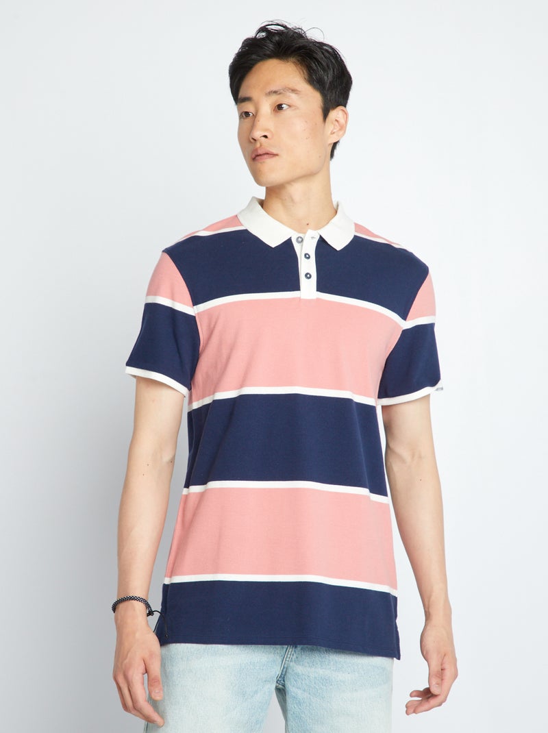 Polo rayé en piqué de coton Rose/bleu - Kiabi