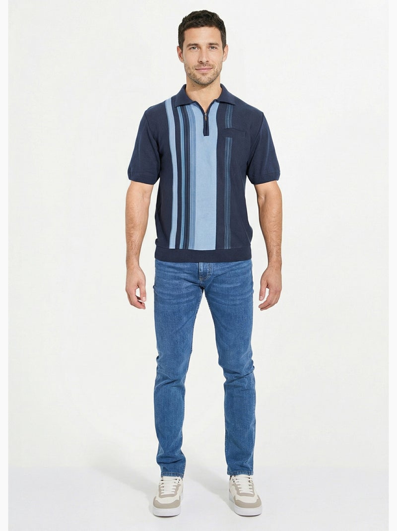 Polo zippé manches courtes rayures jacquard - Afibel Bleu marine - Kiabi