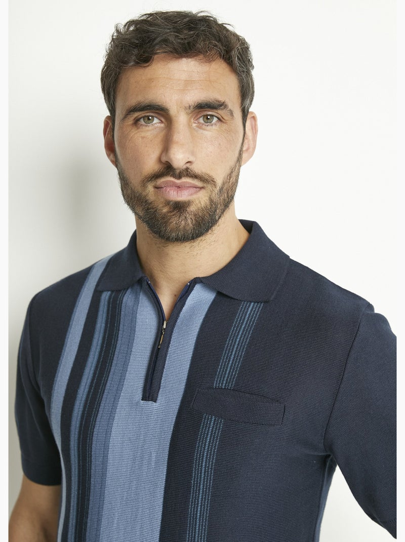 Polo zippé manches courtes rayures jacquard - Afibel Bleu marine - Kiabi