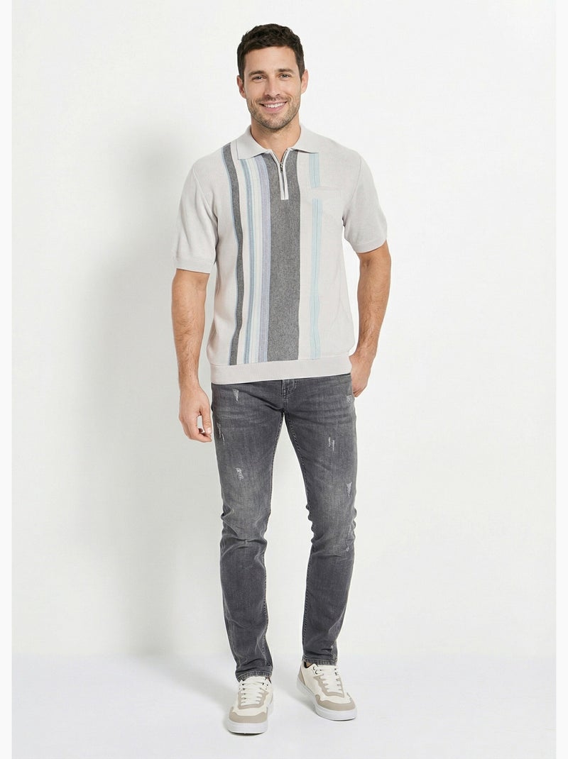 Polo zippé manches courtes rayures jacquard - Afibel Gris - Kiabi