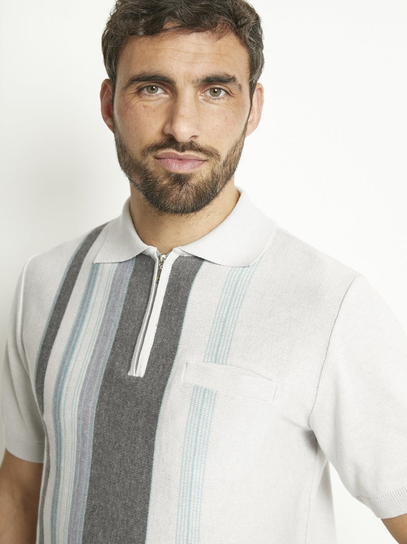 Polo zippé manches courtes rayures jacquard - Afibel Gris - Kiabi