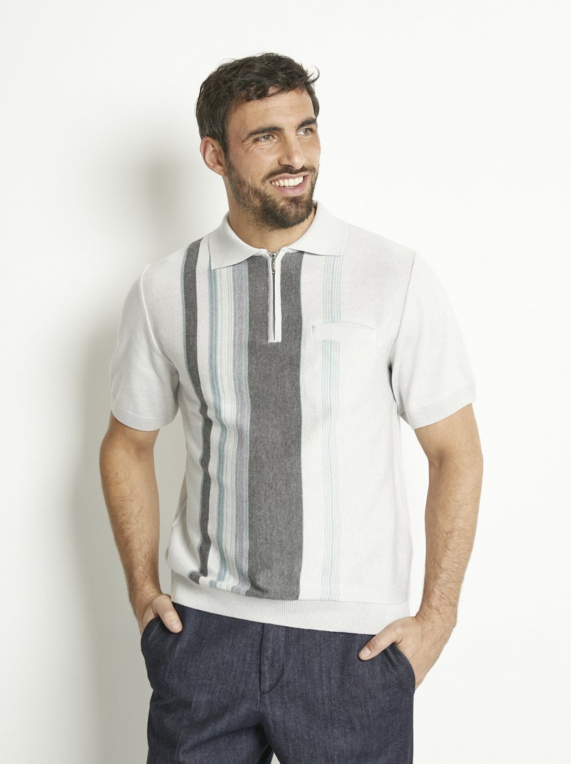 Polo zippé manches courtes rayures jacquard Gris - Kiabi