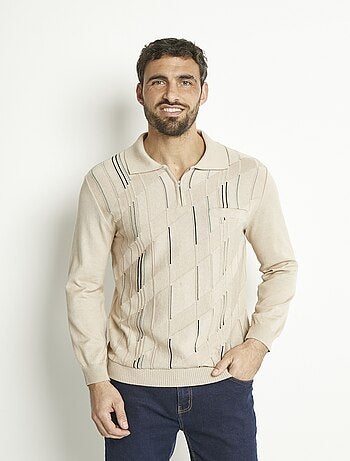 Polo zippé manches longues coton jacquard