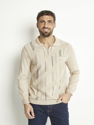 Polo zippé manches longues coton jacquard