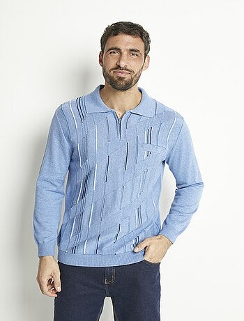 Polo zippé manches longues coton jacquard
