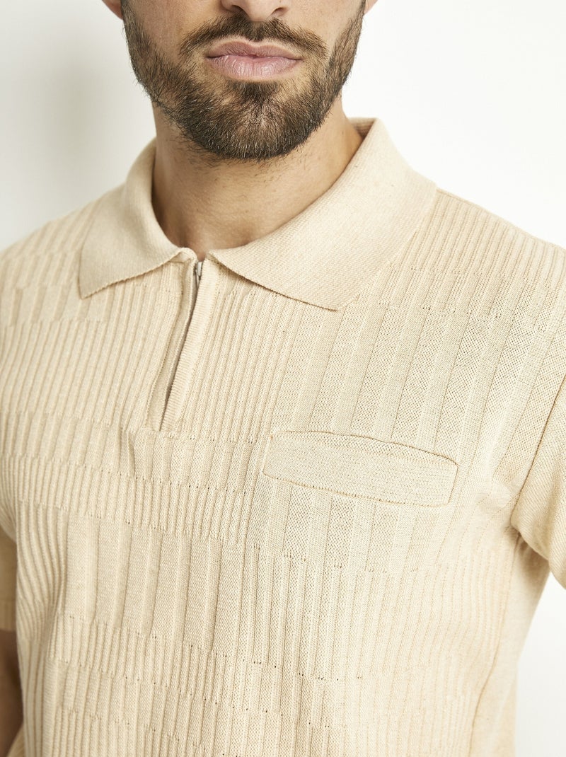 Polo zippé uni manches courtes coton cardé - Afibel Beige - Kiabi
