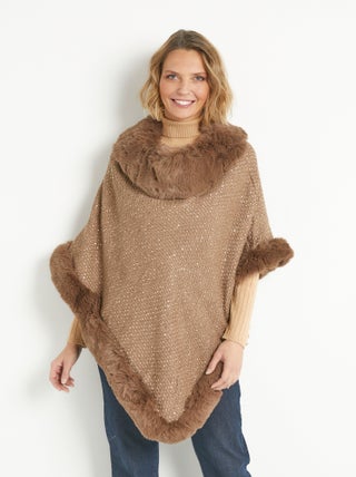 Poncho bord fourrure maille paillettée