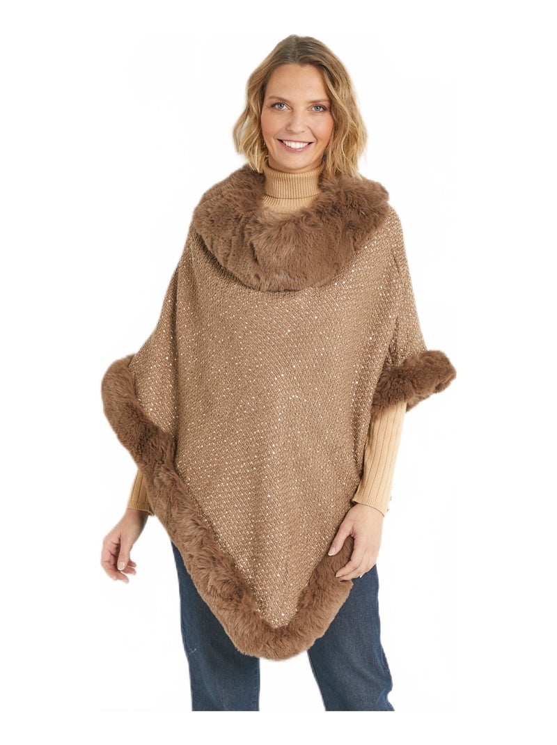 Poncho bord fourrure maille paillettée Camel - Kiabi