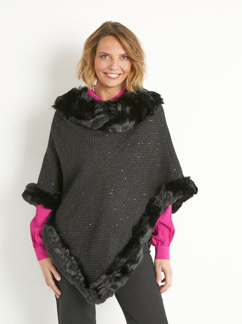 Poncho bord fourrure maille paillettée - Kiabi