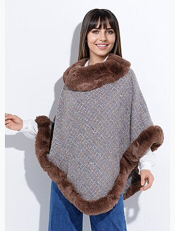 Poncho cape à carreaux détails fourrure - AFIBEL