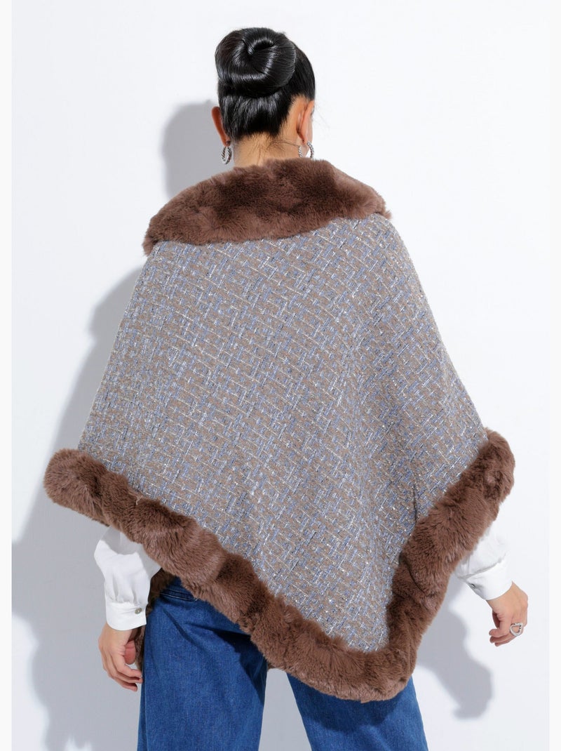Poncho cape à carreaux détails fourrure - AFIBEL Bleu Marron - Kiabi