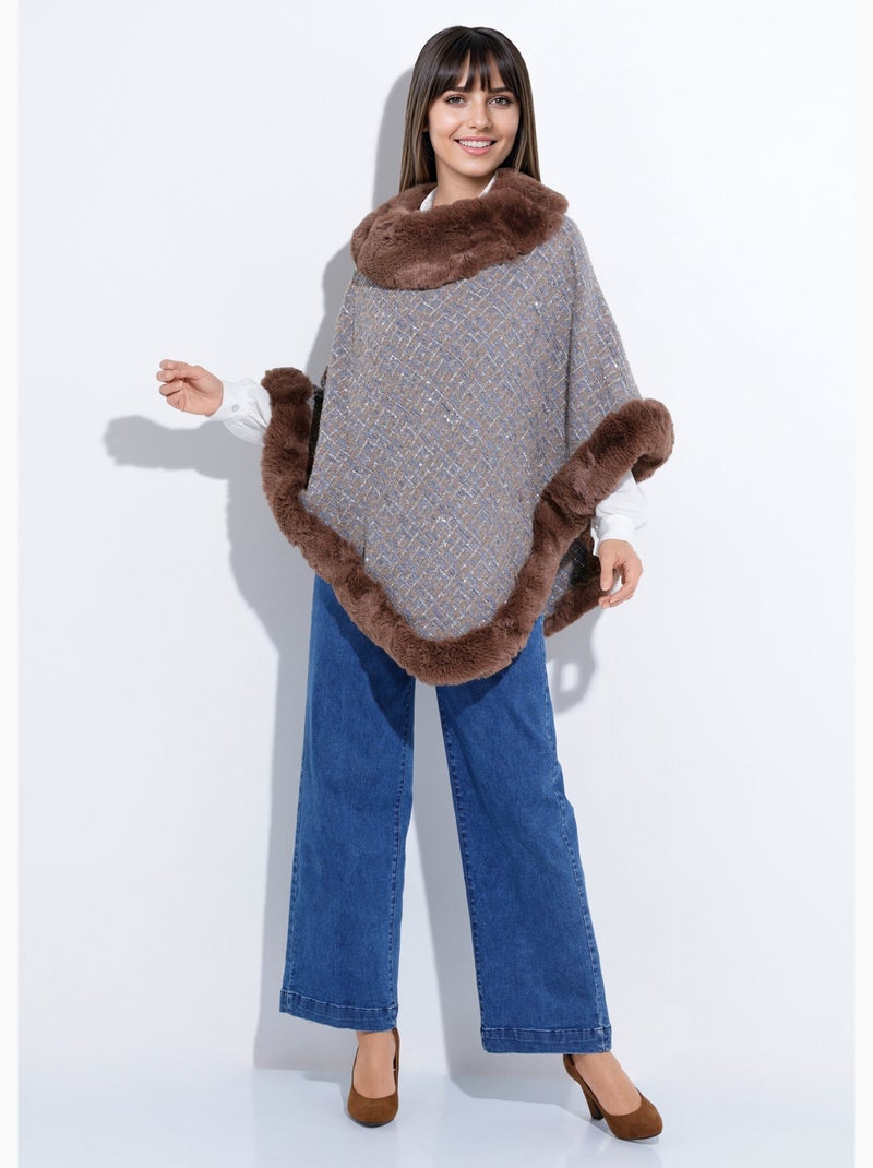 Poncho cape à carreaux détails fourrure - AFIBEL Bleu Marron - Kiabi