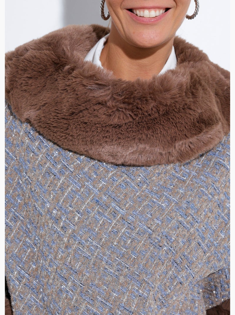 Poncho cape à carreaux détails fourrure - AFIBEL Bleu Marron - Kiabi