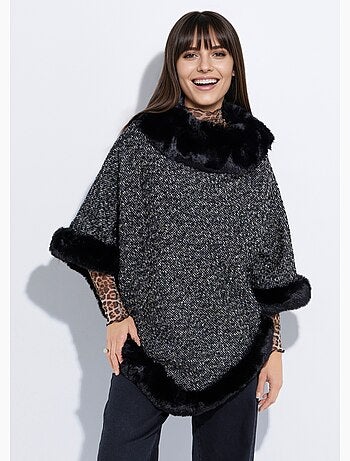 Poncho cape à carreaux détails fourrure - AFIBEL