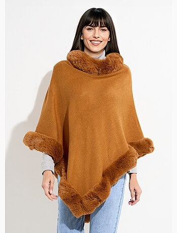 Poncho cape, bord fourrure ton sur ton - afibel