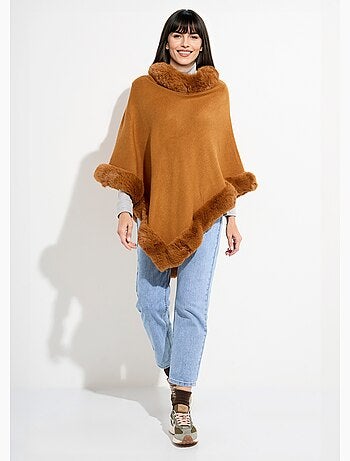 Poncho cape, bord fourrure ton sur ton - afibel