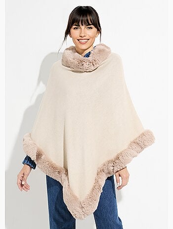 Poncho cape, bord fourrure ton sur ton - afibel