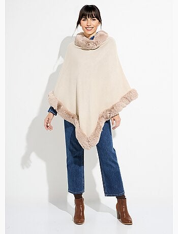 Poncho cape, bord fourrure ton sur ton - afibel