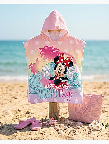 Poncho de Plage Minnie Mouse Happy Days 55x110cm – Pastel Rose – Capuche – 100% Polyester – Licence