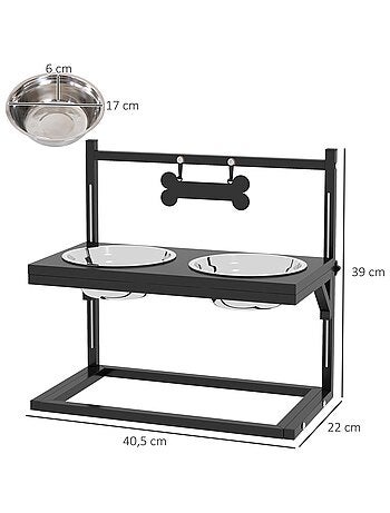 Porte-gamelles double chien surélevée hauteur réglable métal noir